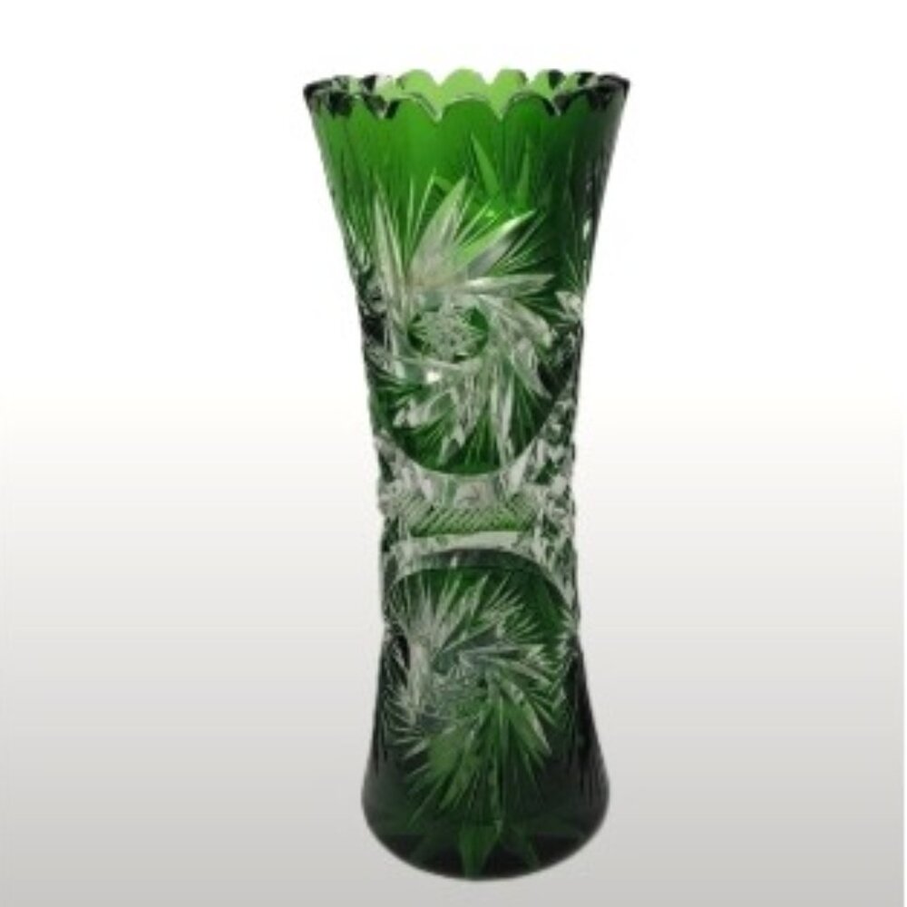 Vintage German Emerald Green Cut-to-Clear Crystal Tapered Vase | 1950s 9.25 INCH